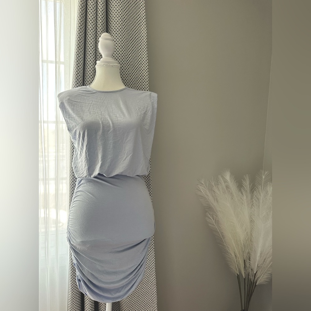 Open Edit Box Shoulder Mini Dress (NEW)  - Light Blue